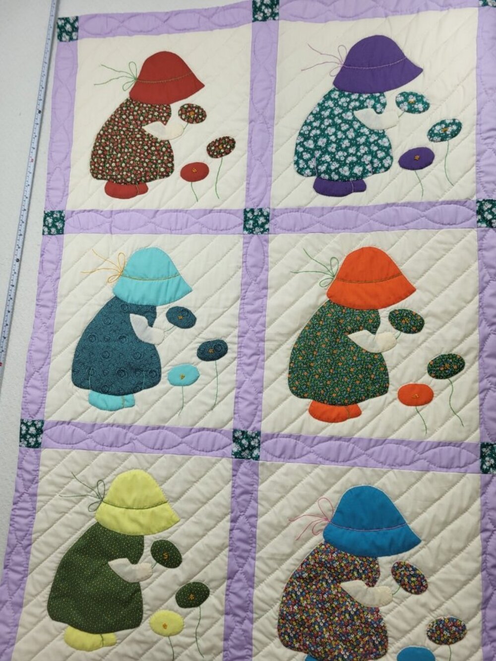 Vintage sun bonnet Sue Quilted wall hang Homemade machine sewn Hanger is loose
